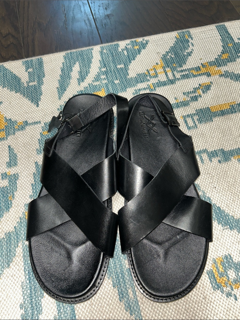 Men's Black Leather Crisscross Sandals with  Adjustable Ankle Strap
